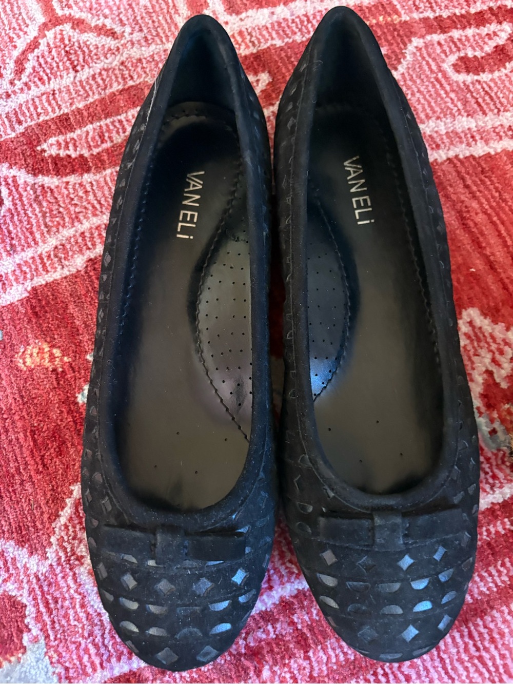 Vaneli Black Suede Patterned Ballet Flats with Bow